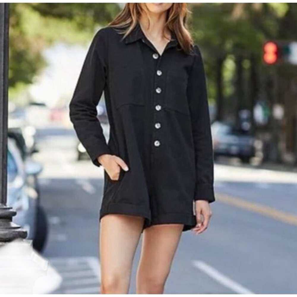 Gianni Bini Vera Long Sleeve Button Down Collar Denim Romper Black Size Medium